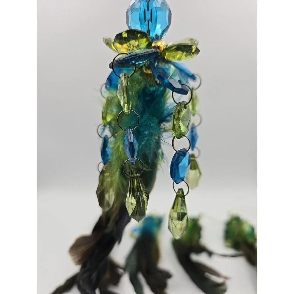 Holiday Time Green Feather Christmas Ornaments Lot Blue & Green Crystal Boho 5pc